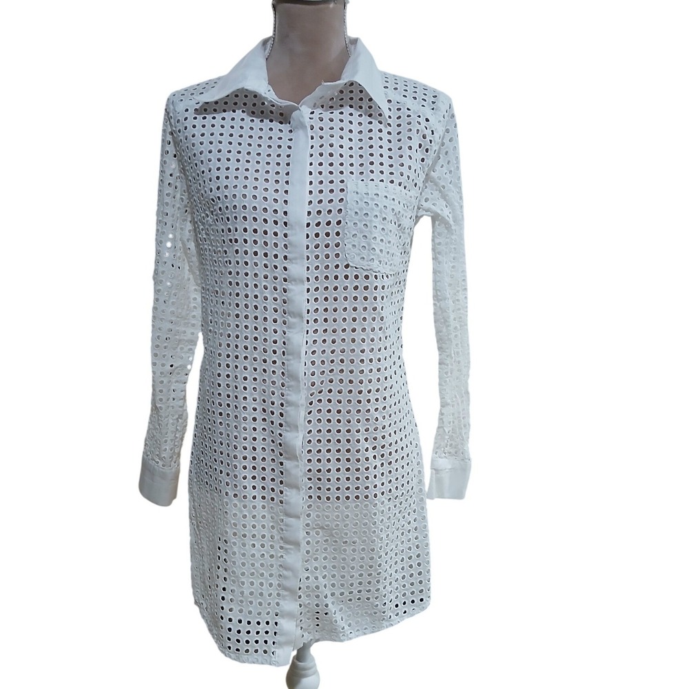 EDAS Made in Italy White Eyelet Button Down Tunic Shirt Womens 14 Long Sleeve‎
